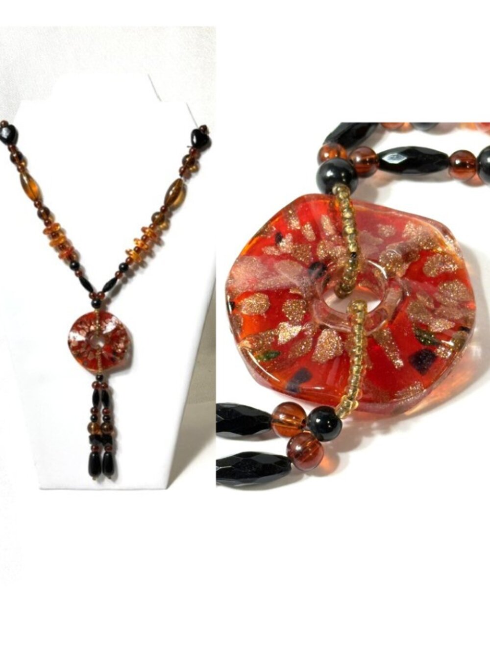 Continuous strand rust and brown Venetian glass pendant.